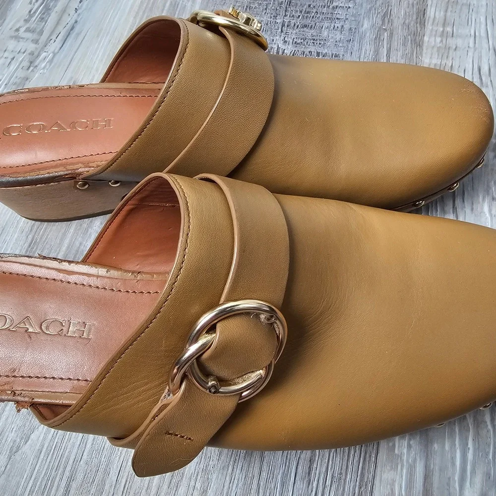 Coach Freya Womens 9.5B Clogs Tan Leather Studded G5158 Boho Retro Mules